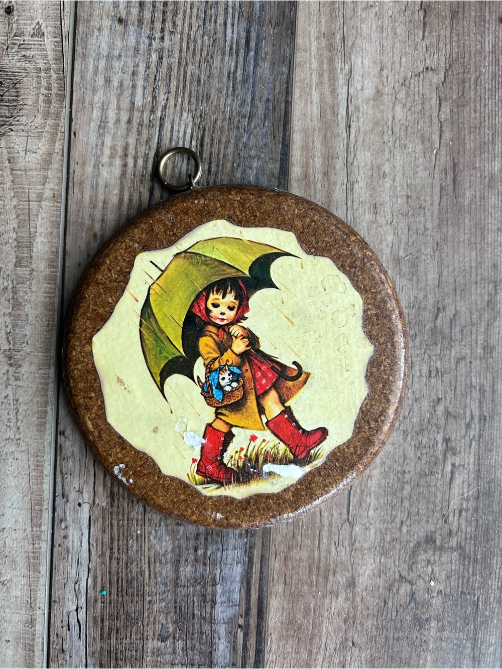 Vintage 1970s Stapco Wood Wall Plaque Little Girl Umbrella Kitten Kitsch Decor